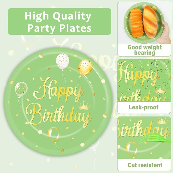 Qyeahkj 100 Pcs Sage Green Birthday Party Supplies Olive Green Gold Paper - Image 3