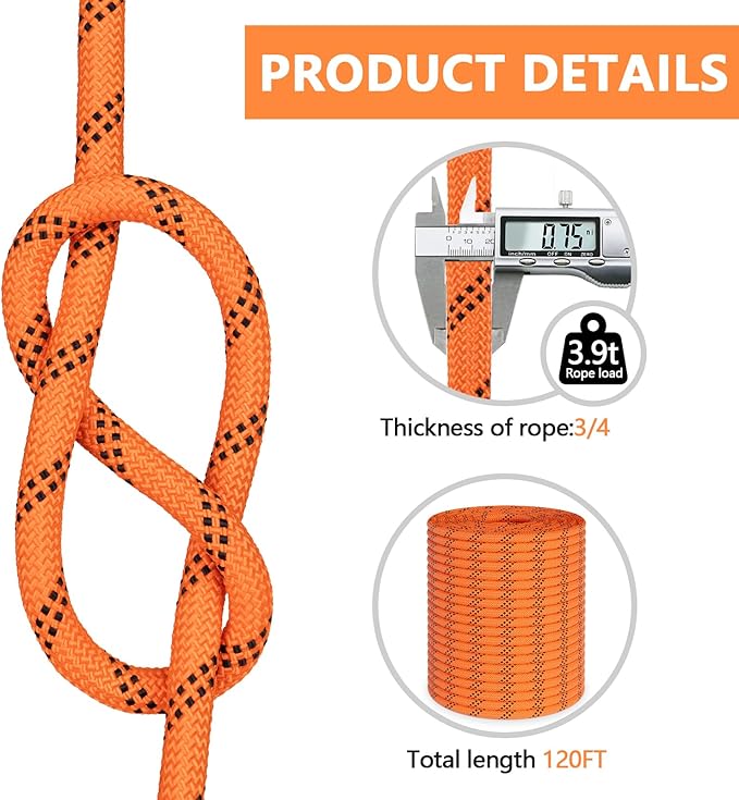 X XBEN Braided Polyester Arborist Rope 3/4 inch X 120ft, 48 Strands, 12 Inner core,8626 LBS Breaking Strength Outdoor Rope, Arborist Rigging Rope for Rock Hiking Camping Swing Tree Rescue