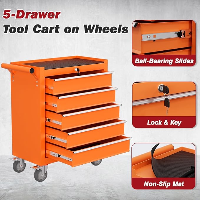Rolling Tool Chest with Drawers, 5 Drawers Tool Chests & Cabinets, Metal Toolbox with Wheels, Lockable Storage Cabinet, Garage Tool Box with Drawers (Orange, 5 Drawers)