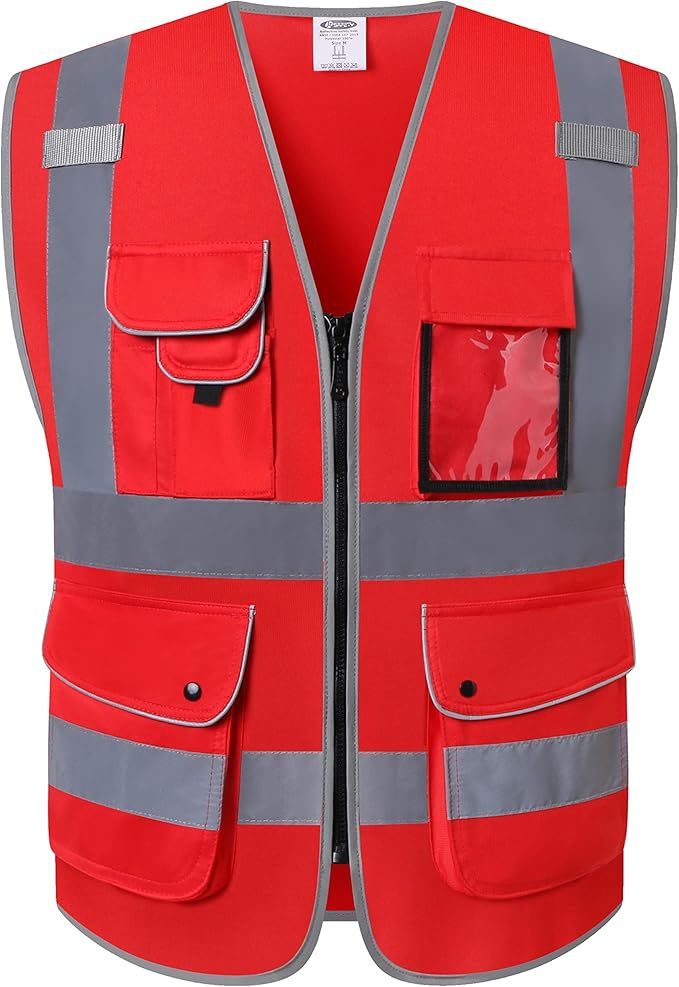 JKSafety 9 Pockets High Visibility Zipper Front Safety Vest With Reflective Strips,Meets ANSI/ISEA Standard (Medium, 150-Red)