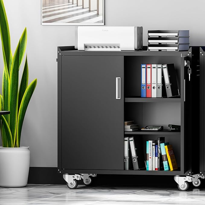 Metal Storage Cabinet with Wheels - Lockable, Rolling Tool Cabinet for Home, Office, Garage & Workshop - Black
