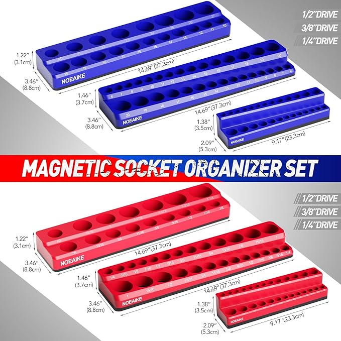 Magnetic Socket Organizer - 4-Pack Metric SAE Socket Holder - 11/4", 3/8" Drive Trays - Holds 108 Standard and Deep Size Sockets