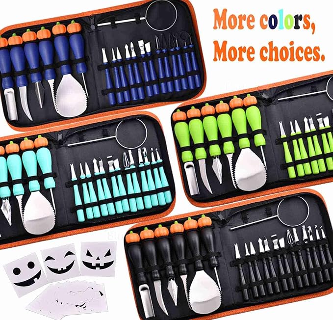 Pumpkin Carving Kit Heavy Duty Stainless Steel Tools with Carrying Case (Total 31 Pieces) Pumpkin Carver Pumpkin Sculpting Set Halloween Party Decorating with pumpkin gutter (Light green)