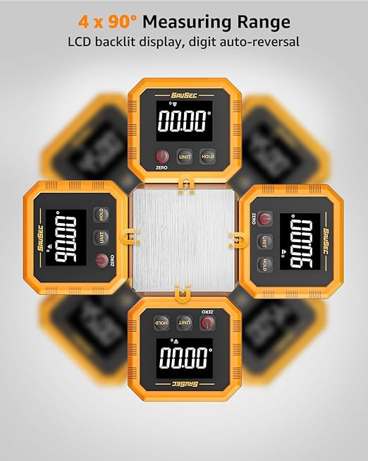 Rechargeable Digital Angle Finder, Digital Angle Gauge with Magnetic Back&Base, ±0.1° Accuracy Protractor Inclinometer Woodworking Tools, IP54, 360° Flip Screen, for Construction, Machinery