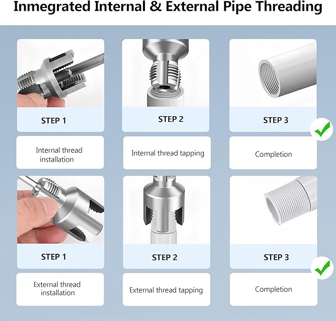 Integrated Internal & External Pipe Threading Tool, 3/4'' 1'' Dies, Dual-Function Pipe Thread Cutting Tool, Electric Drill Compatible Pvc Pipe Threader Kit for Home Repair