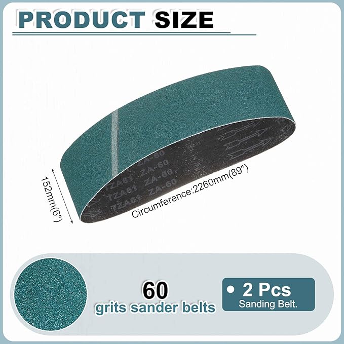 HARFINGTON 6 x 89 Inch Sanding Belts, 2 Pcs 60 Grit Zirconia Abrasive Belt Sander File Belt for Woodworking, Metal Polishing, Knife Sharpener