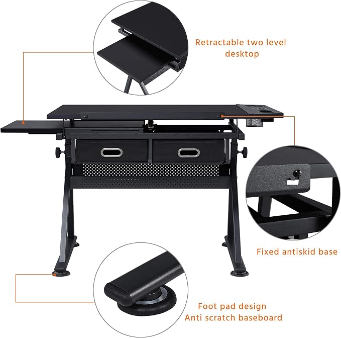 Yaheetech Adjustable Drafting Table Art Desk, Storage Drawers & Stool - Image 8