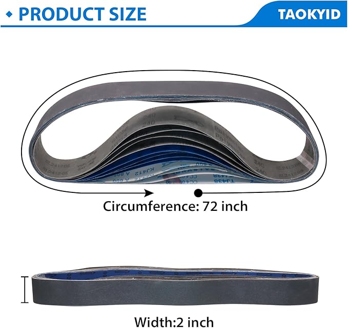 Taokyid 6 Pack 2 x 72 Inch Silicon Carbide Sanding Belts, 120, 240, 400, 600, 800, 1000 Assorted Grits 2x72 Inch Belt Sander Belts For Knife Sharpening and Metalworking, 2x72 Grinding Belt