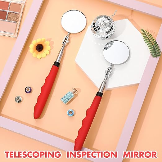 2 Pcs Telescoping Inspection Mirrors, Mechanics Mirror Tool with Long Handle, Round Extendable Mirror on a Stick for Technicians Mechanics Contractors Checking Observation(50mm,Red)