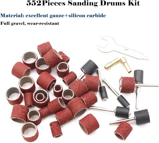 Tnisesm 552Pcs Aluminum Oxide Sanding Drum Set,Including 525 Pieces 80 120 150 240 320 400 600 Grit Drum Sander Sanding Sleeves and 24 Pieces Drum Mandrels for Dremel Rotary Tool,Sanding Drums