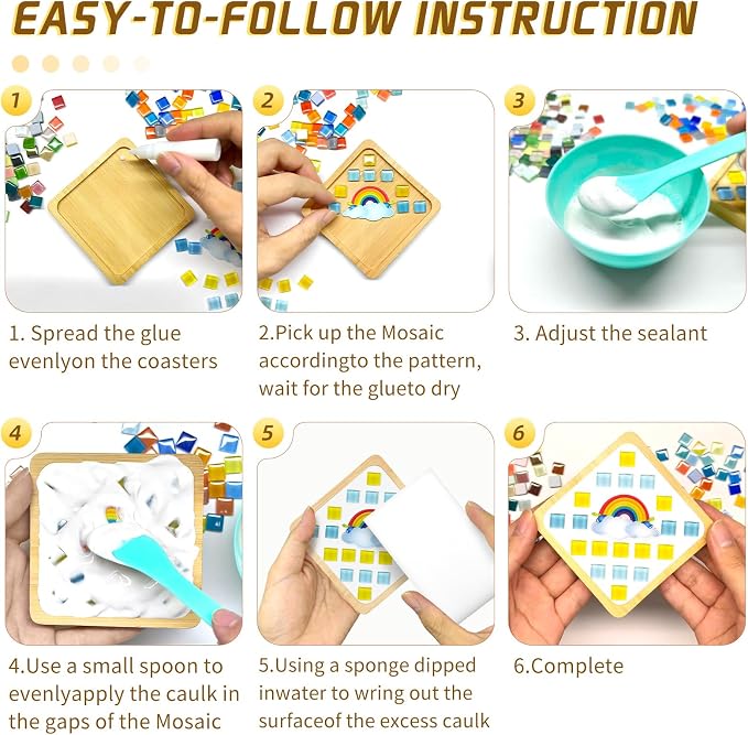 8 Sets DIY Mosaic Coaster Kit – Mixed Color Glass Mosaic Tiles - Image 3