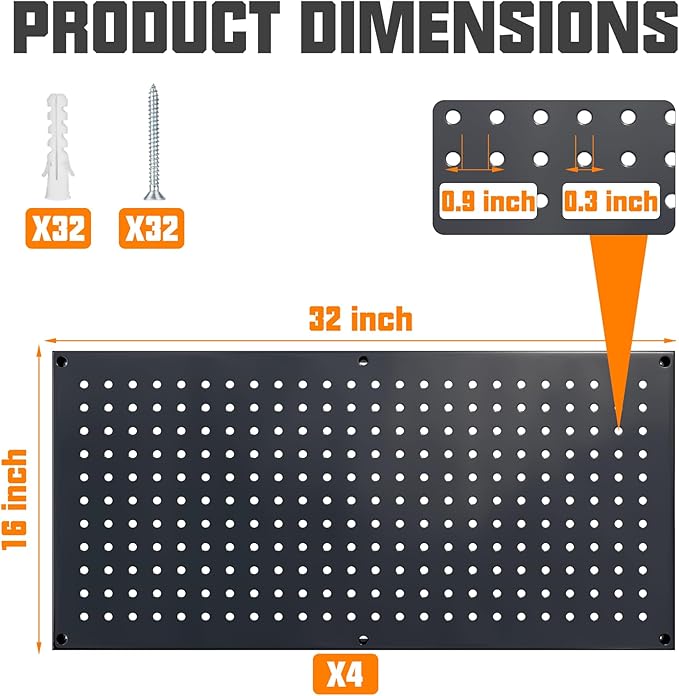 Metal Pegboard Storage System, Garage Wall Organizer, Tool Storage Panels for Workbench (Black, 31.5"x15.75"-4PCS)