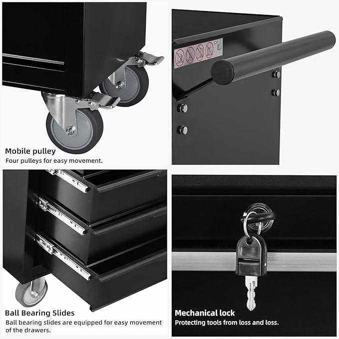 7-Drawer Rolling Tool Chest Cabinet, Large Capacity Metal Tool Box with Wheels and Keyed Locking, Roll Around Storage Organizer Tool Cart for Garage, Warehouse, Work Shop (Black)