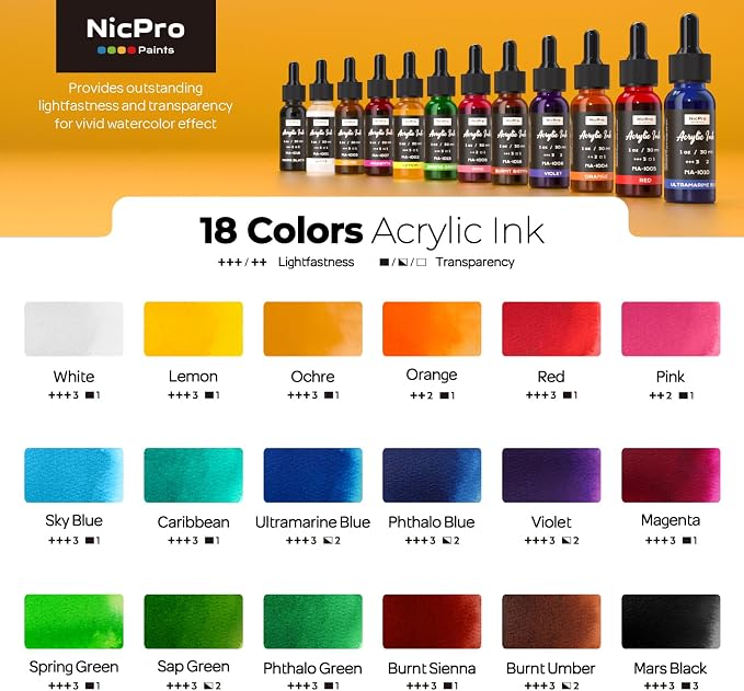 Nicpro 18 Colors Acrylic Ink for Artists, 1-oz Bottle - Image 3