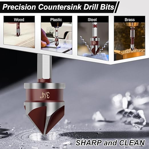 Countersink Drill Bit, 5PCS 82 Degree HSS 1/4"-3/4" with 1/4" Hex Shank Countersink Drill Bit Set, Counter Sink Drill Bit for Wood, Metal, Plastic, Countersink Bit for Woodwork