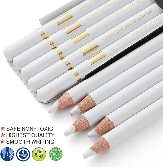 MARKART Professional White Charcoal Pencils Set, 5 Pieces Sketch Highlight - Image 2