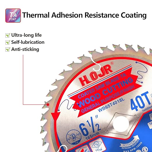 10-Pack 6-1/2" 40-Tooth 5/8" Arbor Circular Saw Blade, Finish/General Purpose Wood Cutting, Special Anti-Thermal Adhesion Coating on Cutting Edge-TA,High Finish, Long Life,6-1/2" 40T 5/8"