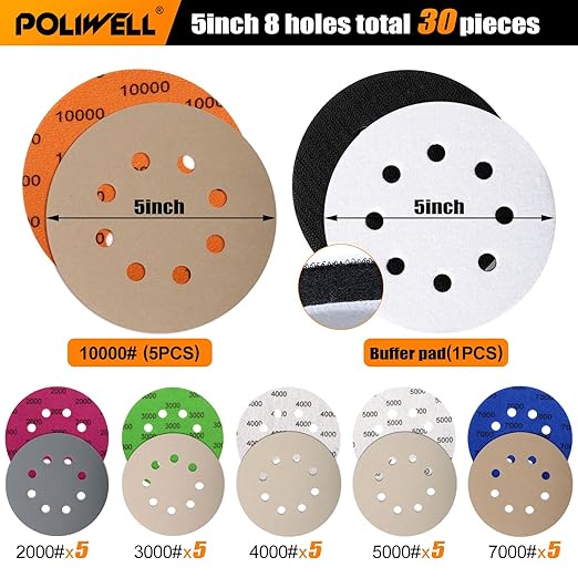 POLIWELL 5 Inch Sanding Discs Hook and Loop 8 Hole Heavy Duty Silicon Carbide Sandpaper 2000 3000 4000 5000 7000 10000 Grit with Interface Pad for Wet/Dry Sanding Grinder Polishing,30 Pack