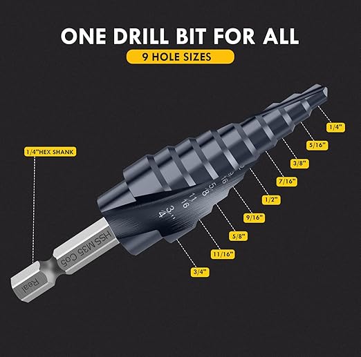 Upgrade M35 Cobalt Step Drill Bit with Ultra TiAIN Coating, 1/4"-3/4" Unibit Step Bit with Double Sprial Flute, 1/4" Hex Shank Drill Bit for Metal, Stainless Steel, Aluminum, Copper, Wood