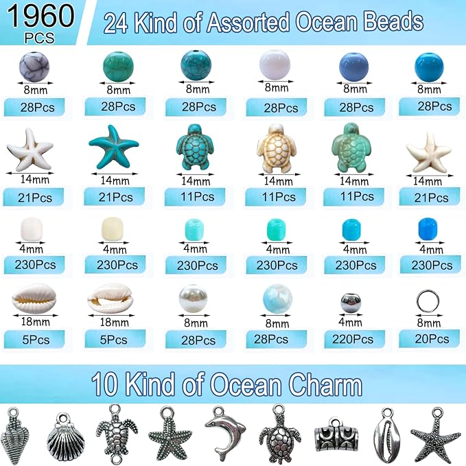 1960Pcs Ocean Beads for Bracelets Making Kit, Sea Turtle Seashell Starfish - Image 4