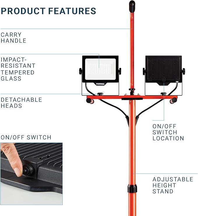 PARMIDA LED Dual-Head Work Light with Telescoping Tripod Stand Up to 6 Ft Tall, UL Approved Cable, Durable Metal Body, 10,000 Lumen, 100W, IP65 Waterproof, Rotating & Detachable Heads, 8 Ft Power Cord