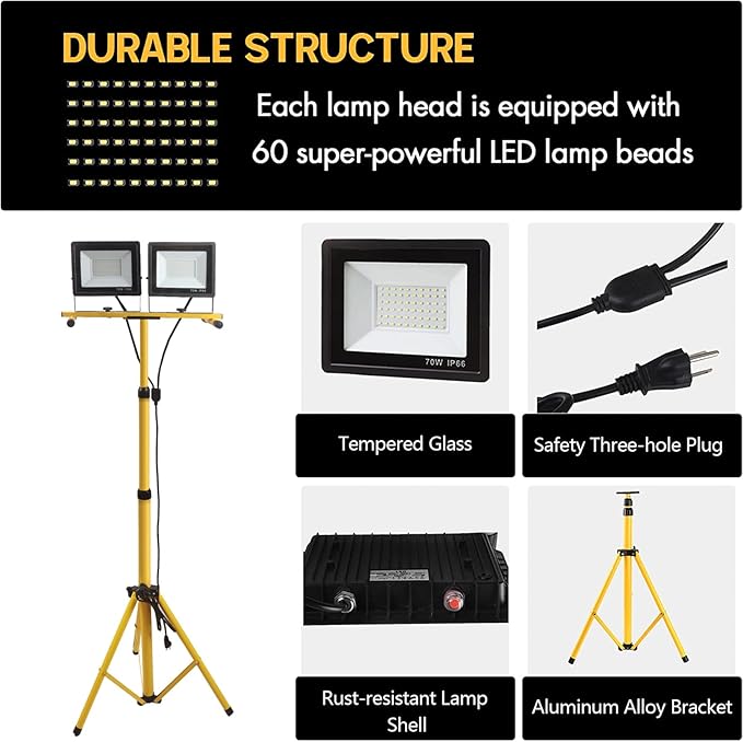 21000 Lumen Work Lights with Stand, 2 Adjustable Head LED Work Light, with Adjustable and Foldable Tripod Stand, Waterproof Lamp with Individual Switch with 6500 Kelvin Color Temperature