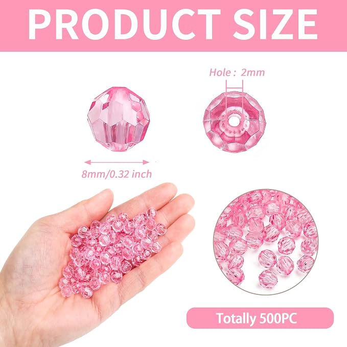 BONNY BOXX 500pcs 8mm Acrylic Faceted Round Crystal Beads Transparent Pink - Image 3