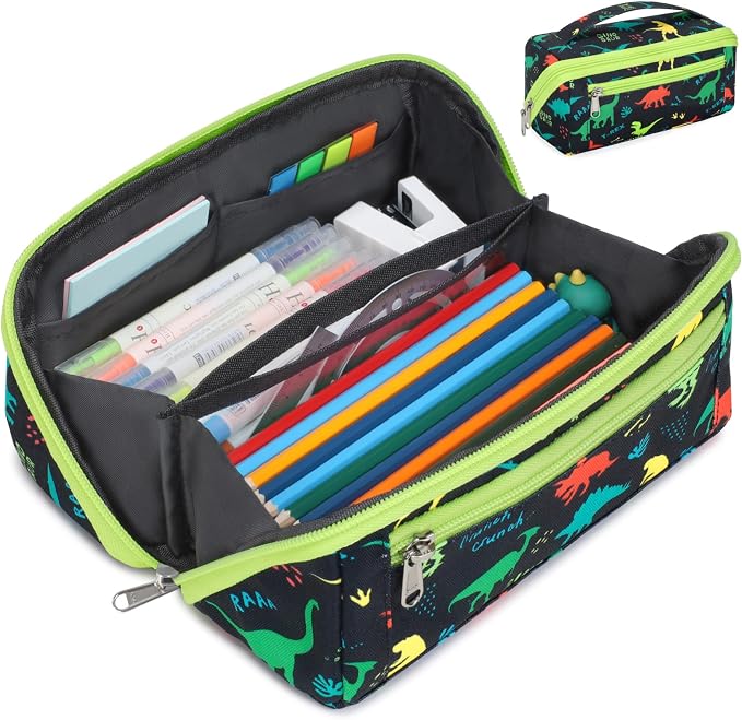 Large Pencil Case for Boys, Durable Kids Pencil Pouch for School, Wide Opening by BrainyBees