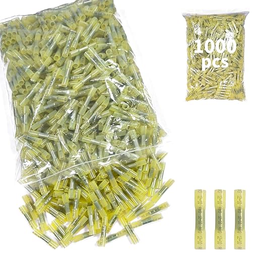 1000Pcs Heat Shrink Butt Connectors,12-10 AWG Yellow Marine Grade Insulated Crimp Wire Connectors,Waterproof Electrical Connectors Butt Splice for Cable,Automotive,Boats,Home
