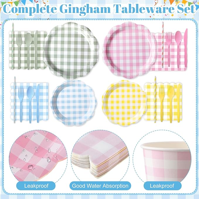 450 Pcs Gingham Tableware Set Decorations Pastel Plaid Paper Plates Napkins - Image 3