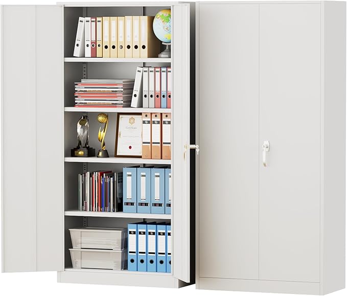 Pataku Metal Storage Cabinet, 72" Garage Cabinet with Doors and Shelves Lockable Steel Multifunctional Cabinets, White File Cabinets for Home, Office, Warehouse