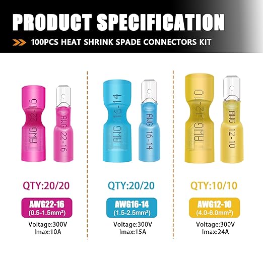 mankk 100PCS Heat Shrink Spade Connectors Kit with Crimping Tool,AWG 22-10 Electrical Waterproof Crimp Butt Terminals Female and Male Spade Terminals (Yellow/Red/Blue) M-N-070-100PCS+Tool
