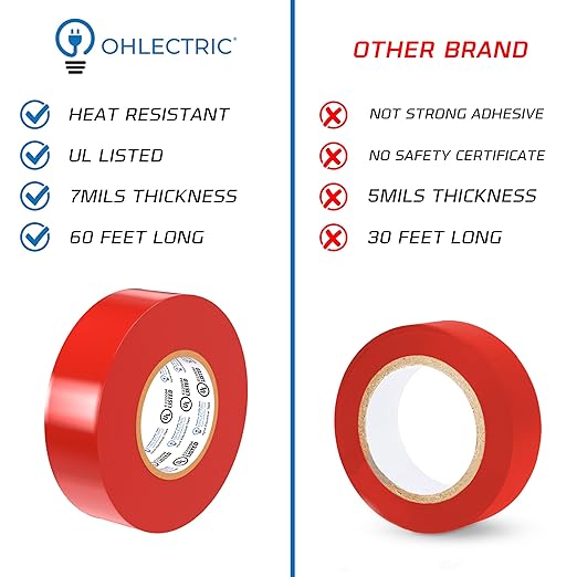 OHLECTRIC Professional Grade Vinyl Electrical Tape (1 Pack) Red - 7 Mil Thick Flame-Retardant, Heat & Weather Resistant 3/4 Inch x 60 Feet | Ideal for Contractors & Electricians
