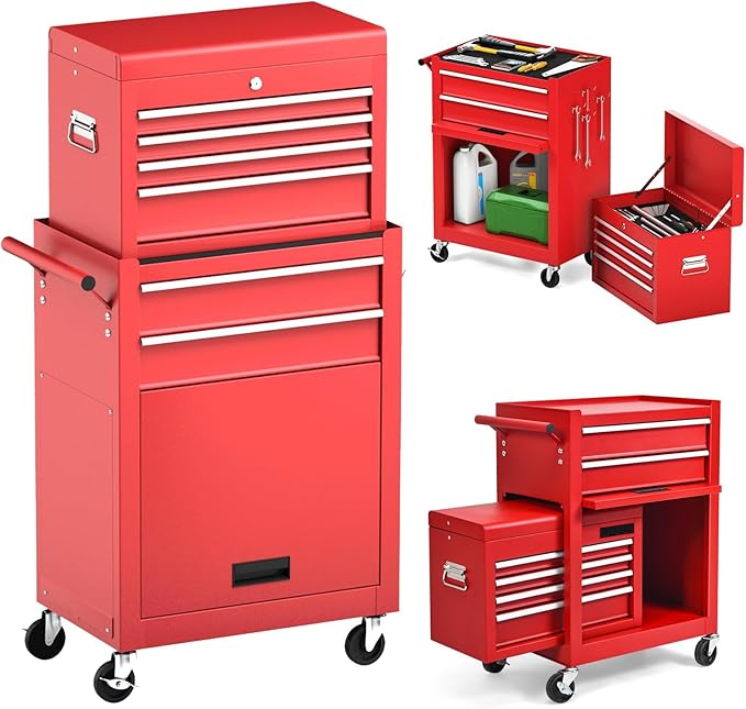 S AFSTAR 6-Drawer Rolling Tool Chest, High Capacity Tool Storage Cabinet with 4 Hooks, Locking System and Universal Wheels, 2-in-1 Detachable Large Toolbox for Garage Workshop (Red)