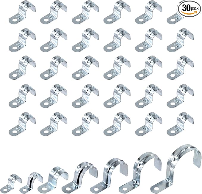 Swpeet 30Pcs 3/5"(16mm) Zinc Plated One Hole EMT Pipe Strap Kit, Pipe Straps U Bracket Tube Strap Pipe Clamp 1 Hole Snap On Pipe Strap Conduit Clamps Tension Clips for Fixing EMT Conduit Pipe