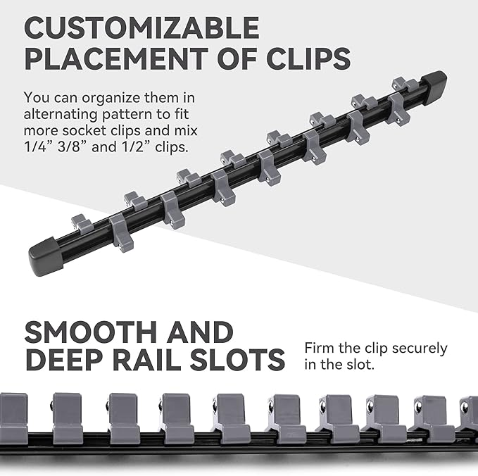 ALOANES 9PC ABS Socket Organizer, 1/2 inch, 3/8 inch and 1/4 inch Drive Socket Rail Holders, Heavy Duty Socket Racks, Black Rails with Gray Clips
