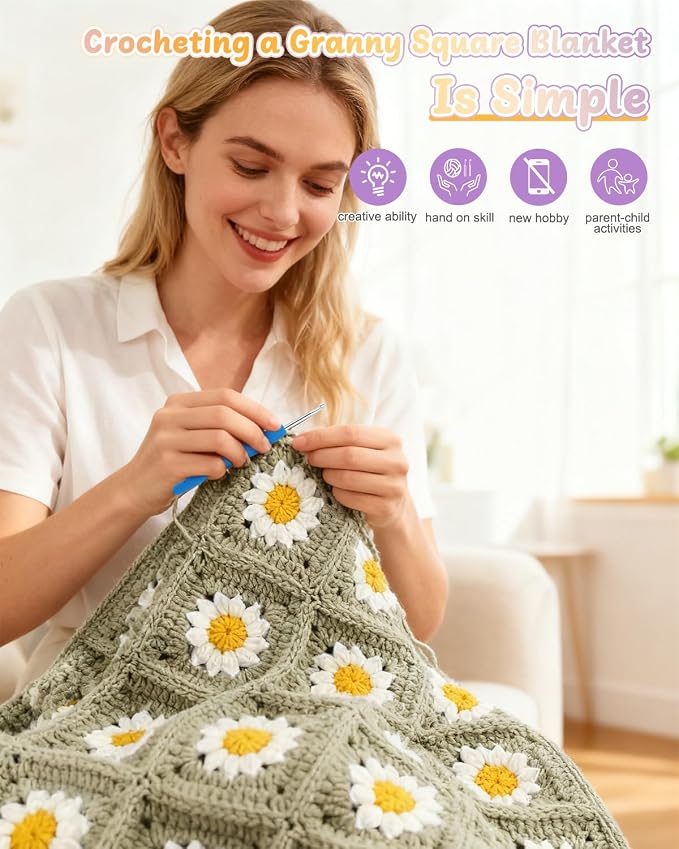 Coopay Crochet Blanket Kit for Beginners, All-in-One Granny Square Blanket Kit - Image 6