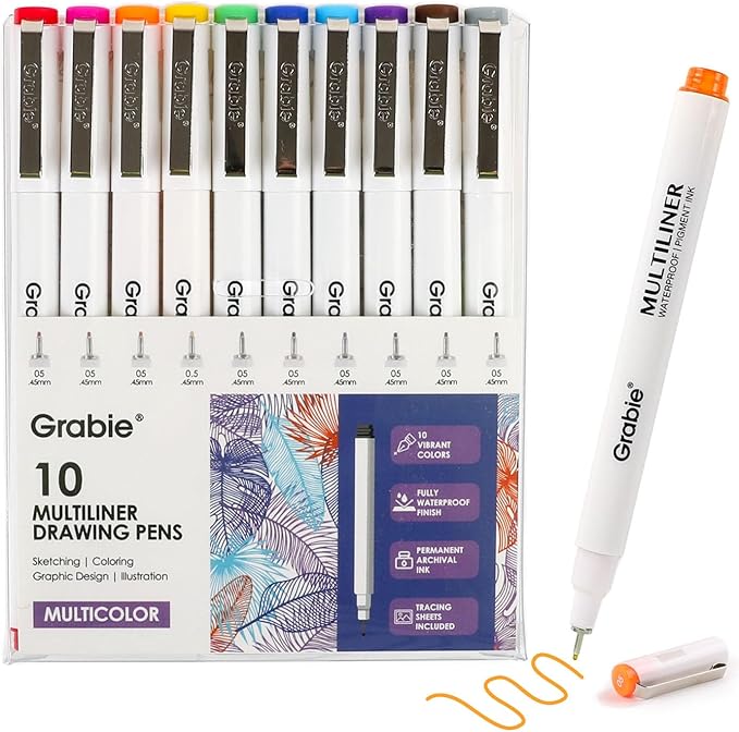 Grabie Micro Fineliner Pens, 10 Multicolor Fine Line Waterproof Drawing Pens by Grabie