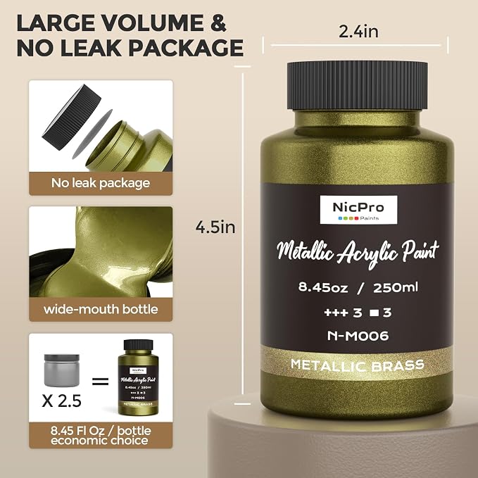 Nicpro Metallic Brass Acrylic Paint, 8.45oz/250ml Large Brass Leaf Paint | Non - Image 7