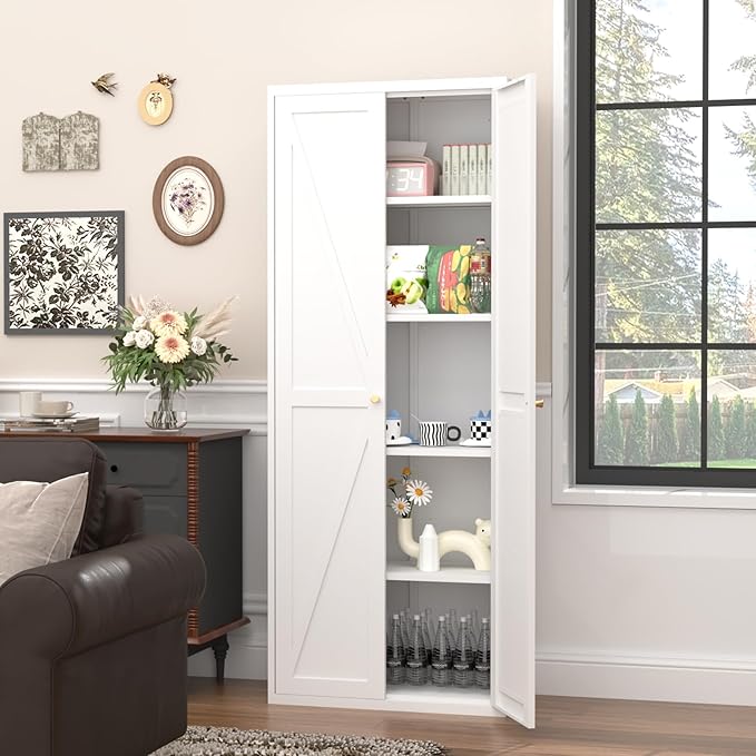 GREATMEET 71" Metal Tall Pantry Storage Cabinet, Food Pantry Cabinet, White Cupboard with Anti-Tipping Kit for Kitchen Tools Storage for Dining Room, Living Room Garage and Bathroom