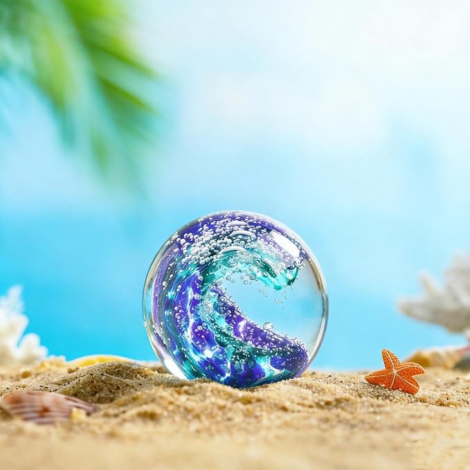 QFkris 3'' Hand Blown Glass Ocean Waves Ball Figurine, Glass Art Bubble Waves - Image 3