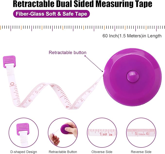 Tape Measure Body Measuring Tape, Retractable 60 Inch Soft Mini Measuring Tape, Small Sewing Fabric Tape Measurer for Cloth Waist Medical Nursing Craft(3 Pack/Pink Purple Sky Blue)
