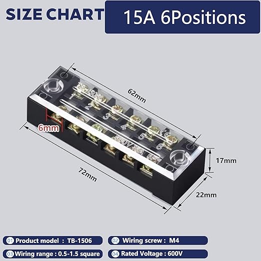 Terminal Block (2 Sets) 2Pcs 6 Positions Dual Row 600V 15A Screw Terminal Strip Blocks with Cover&2Pcs Pre-Insulated Barrier Termina Block Strip& 12Pcs Insulated Fork Wire Connector