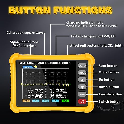 Mini Handheld Oscilloscope Kit,Pocket Portable Oscilloscope 2.5MS/s Sampling Rate,500KHz Bandwidth, 2.8 inch TFT，Type-C,Trigger Function Auto/Nomal/Single