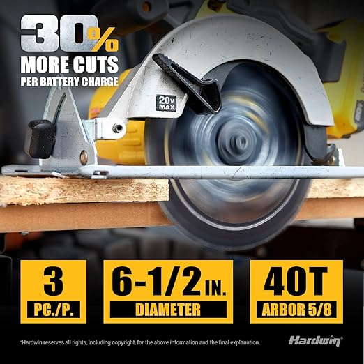 6-1/2 Circular Saw Blades 3-Pack, 40T ATB Carbide - Ultra-Lightweight for Cordless Saws & Old Tools, Saves Battery, Thin Kerf Cuts Wood/Plywood/OSB | Fits DeWalt/Makita/Milwaukee