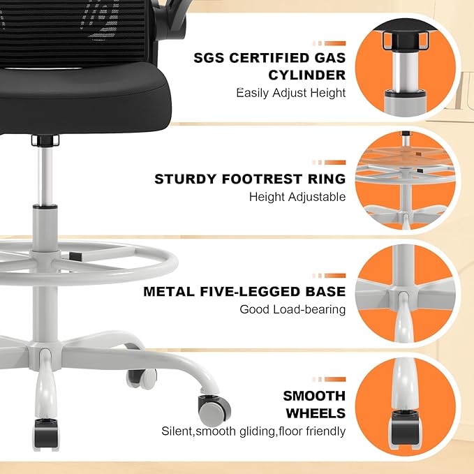 Ergonomic Drafting Chair, Tall Office Chair with Flip-up Armrests, Breathable Mesh High Desk Chair with Lumbar Support Adjustable Footrest Ring for Standing Desk Grey Black