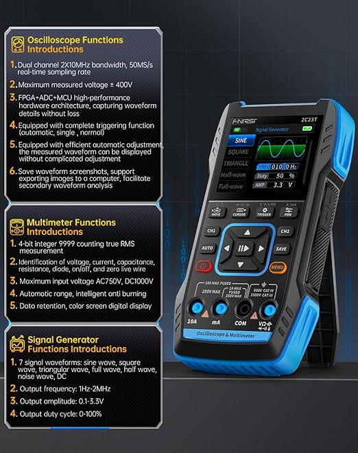 【Upgraded Model 2*P6100 Probe】 FNIRSI 3 in1 Oscilloscope/Multimeter/DDS Signal Generator with 2 Channels, 10MHz Bandwidth, 50MSa/s Sampling Rate, 10000 Counts, Voltage, Current, Capacitor, Resistor