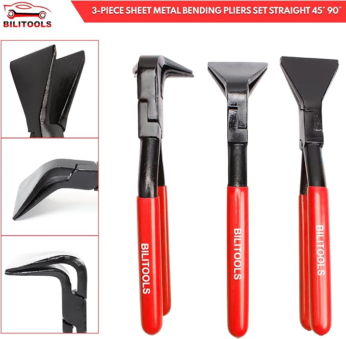 BILITOOLS 3-Piece Hand Seamer Sheet Metal Tools, Sheet Metal Bending Pliers Set Straight, 45° & 90° Bending Tool Comfort with Grip Handle