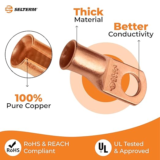 SELTERM 10pcs 1 AWG - 3/8" Stud - Battery Lugs, Heavy Duty Wire Lugs, Ring Terminals, Battery Cable Ends,1 Gauge Terminals, UL Bare Copper Eyelets Electrical Battery Terminal Connectors