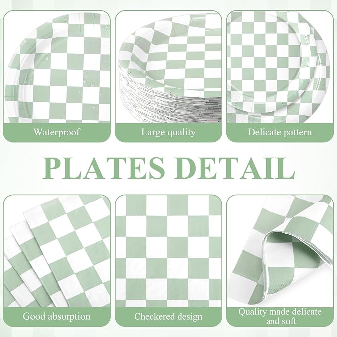 Pickmesh 400 Pcs Sage Green and White Checkered Party Decorations Set Light - Image 2
